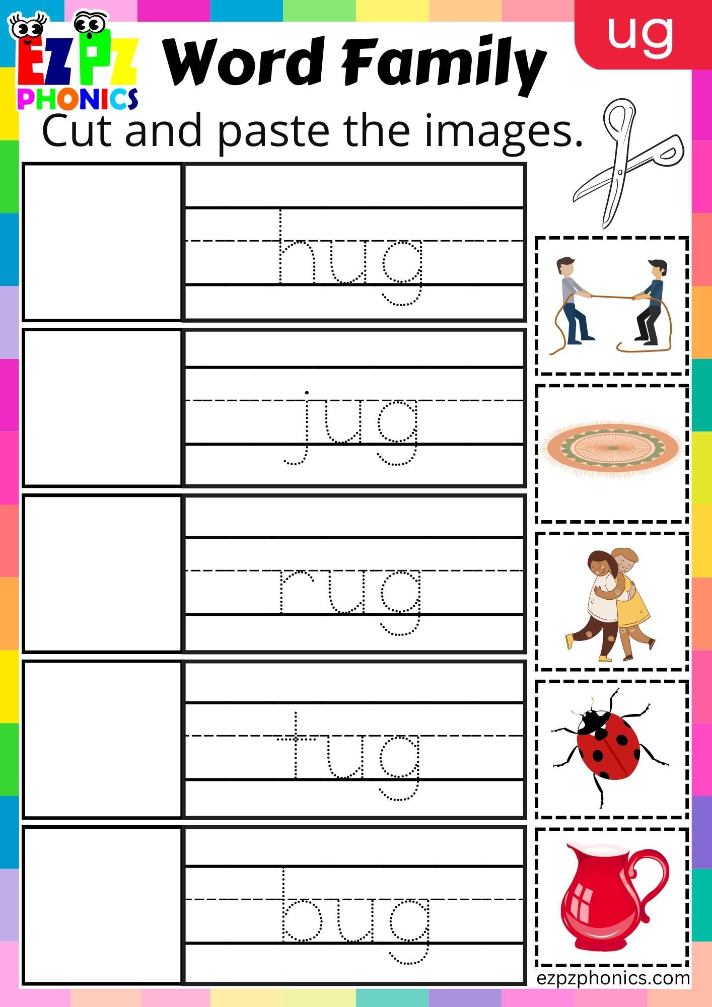 UG Words Cut And Paste The Images Phonics Word Families Worksheet